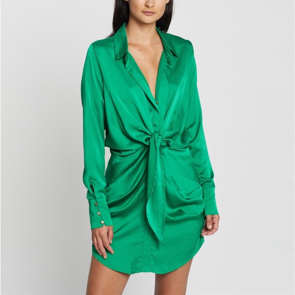 MABLE Vibrant Green Satin Shirt Dress